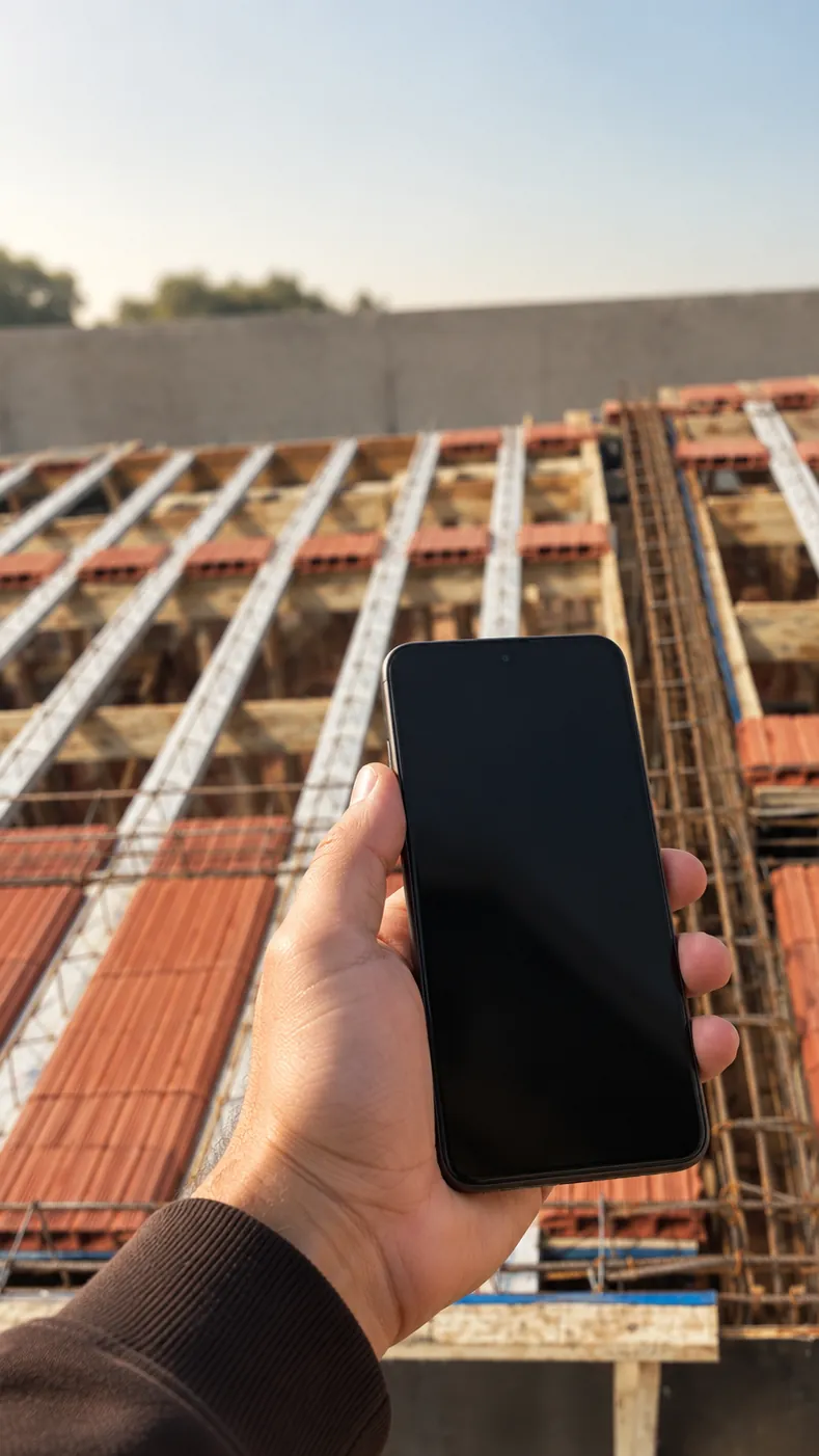 Mão segurando um celular diante de uma laje em construção